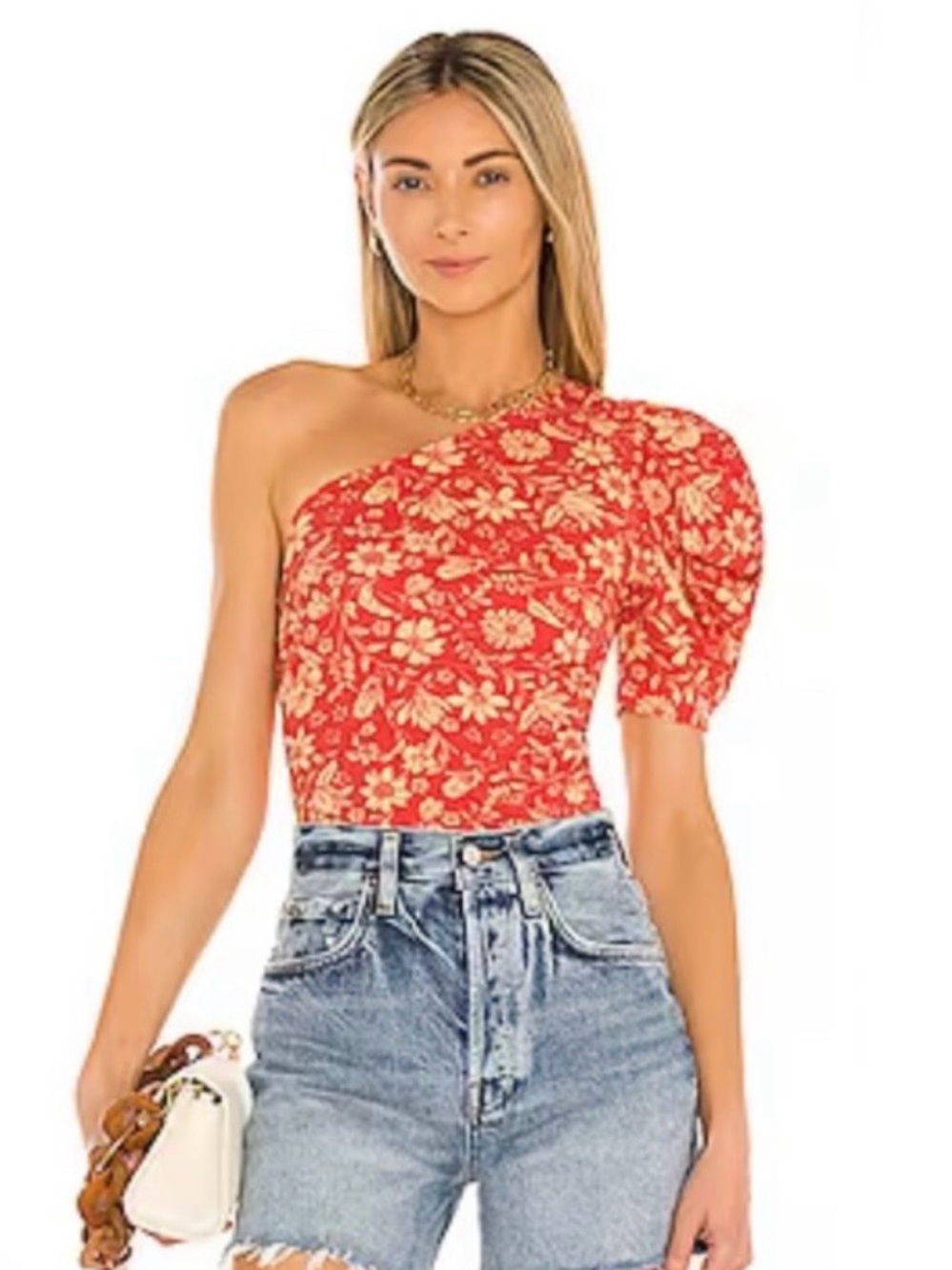 Free People One-Shoulder Red Floral Puff-Sleeve Bodysuit